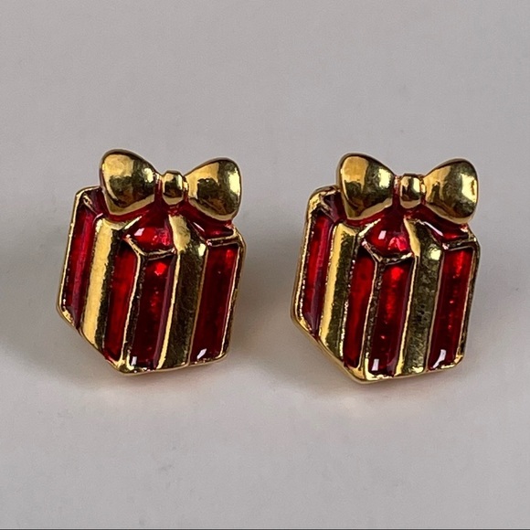 Red Enamel Gold Present Earrings NWOT - Picture 5 of 7